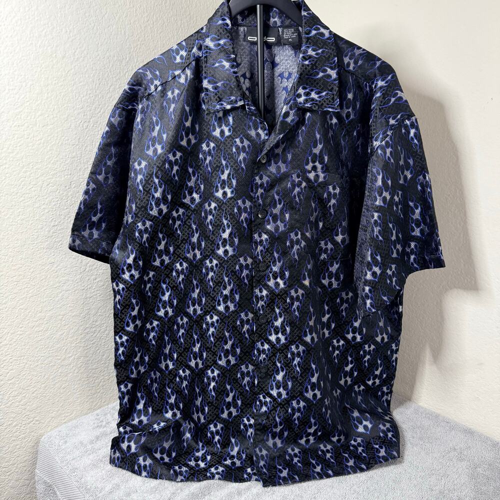 Vintage ODO Flame Shirt Mens XL Black Blue Silver Metallic Y2K Button Up Skater